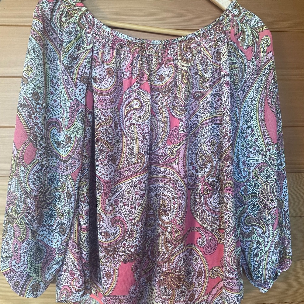 Tommy Hilfiger Pink Paisley Scoop Neck Lined Blouse Sheer Sleeves Colorful Small